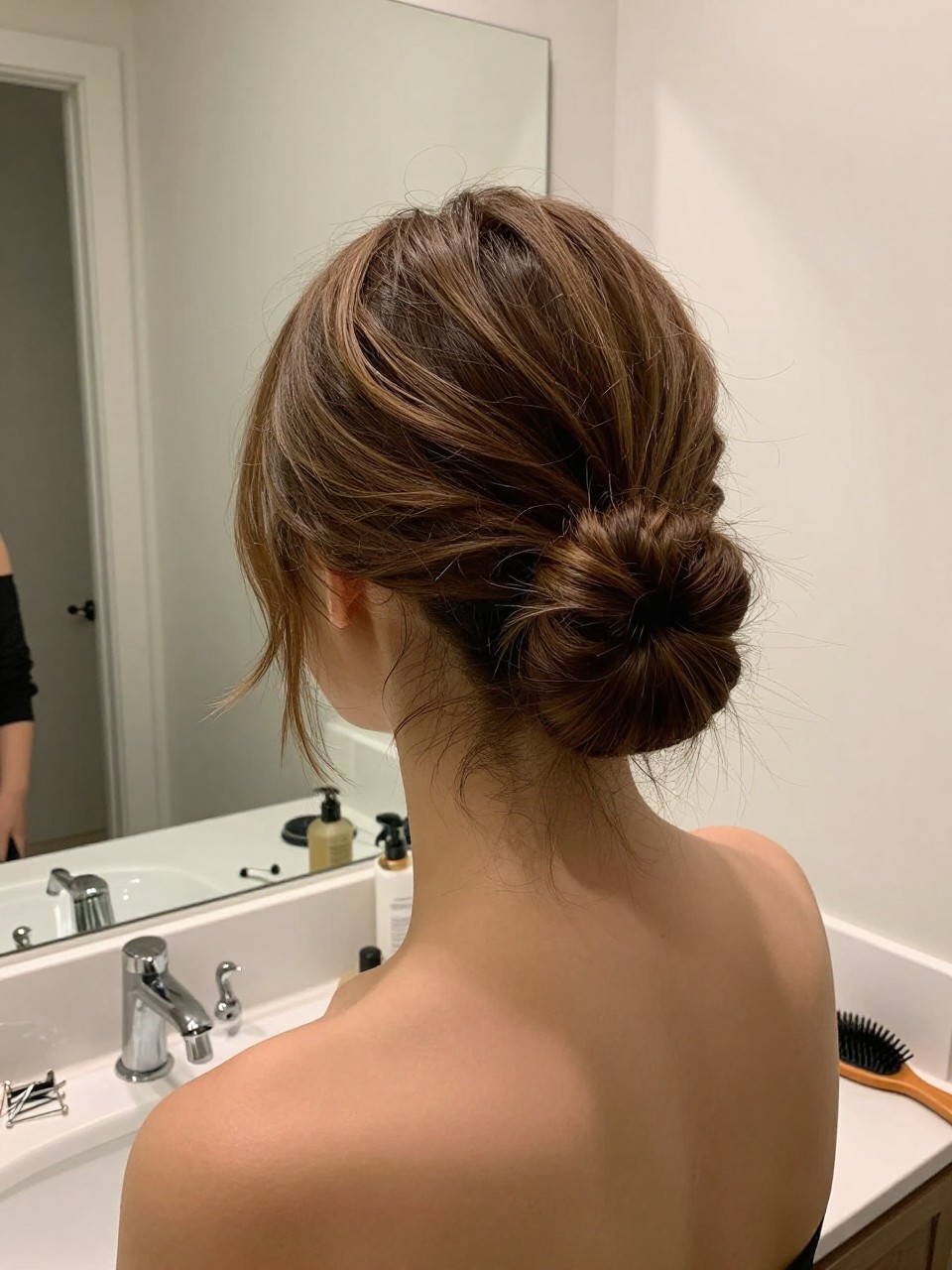Photo of a woman wearing a short hair faux French twist pinned at the back, back-of-head view, setting in a bathroom vanity mirror, lighting soft indoor lighting, containing a small lived-in detail such as bobby pins on the counter and a hairbrush nearby, latest iPhone photo quality.
