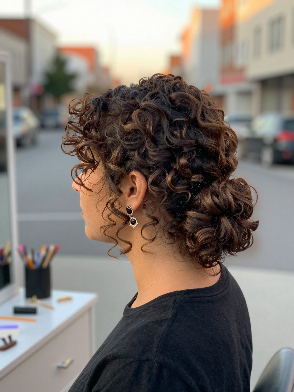 Photo of a woman wearing a curly side bun with soft loose pieces, side profile view, setting in a softly blurred city street background, lighting golden hour glow, containing a small lived-in detail such as bobby pins on the vanity and statement earrings peeking through, latest iPhone photo quality.