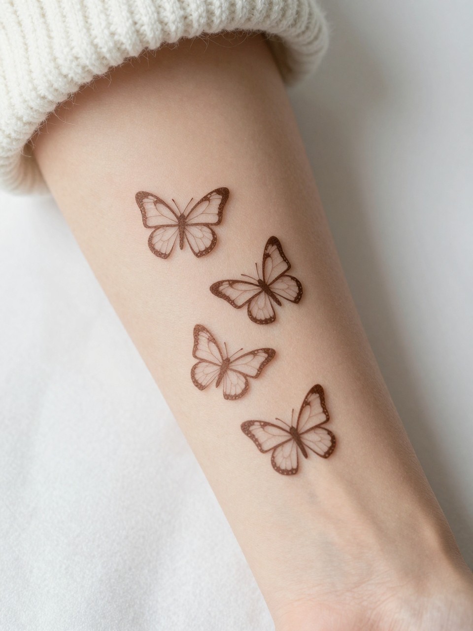  "Extreme close-up of the inner forearm, showing a trail of three micro butterflies in single-line style. The arm is resting against a soft, white cashmere sweater. Focus on the minimalism and placement."
