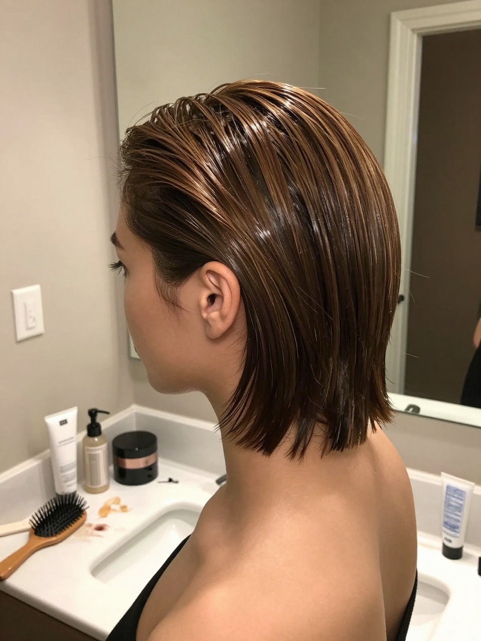 Photo of a woman wearing slicked back short hair with a glossy finish and clean lines, back-of-head view to highlight the smooth surface, setting in a bathroom vanity mirror, lighting soft indoor lighting, containing a small lived-in detail such as a hairbrush on the vanity and a styling product tube on the counter, latest iPhone photo quality.