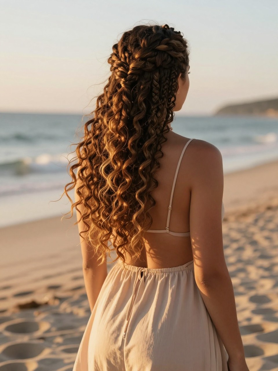 Photo of a woman wearing a waterfall braid with curls flowing through, back-of-head view, setting is a beach at sunset, lighting is warm golden hour, containing a flowy sundress strap, iPhone photo quality.