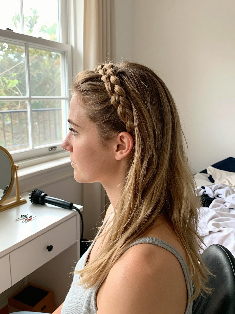Photo of a white woman wearing a braided headband made from her own hair with the rest worn down, side profile view, setting in a sun-drenched bedroom, lighting natural window light, containing a small lived-in detail such as bobby pins on the vanity and a curling iron on the counter, latest iPhone photo quality.