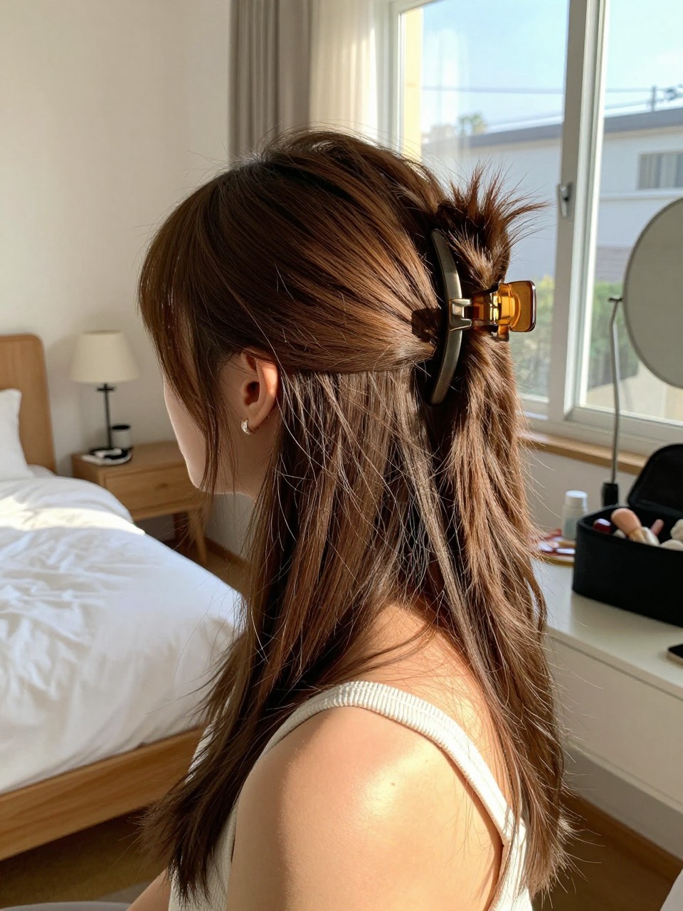 Photo of a woman wearing a claw clip half-up twist, side profile view, setting in a sun-drenched bedroom, lighting natural window light, containing a small lived-in detail such as a claw clip on the vanity and a makeup bag nearby, latest iPhone photo quality.