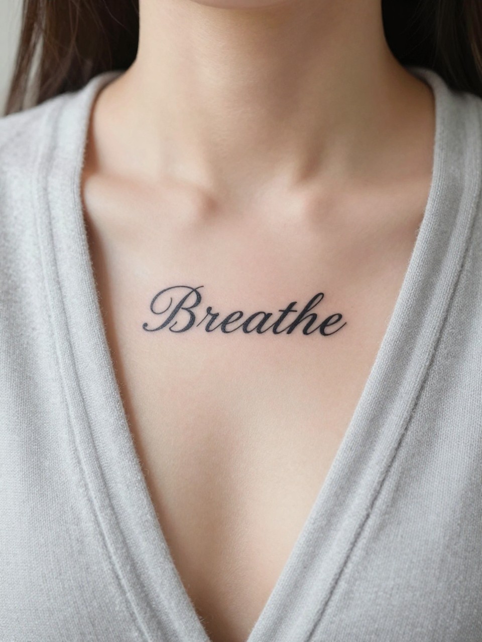 "Macro shot of elegant script tattoo on the middle chest. The word 'Breathe' in a graceful font is the clear focal point. She is wearing a soft, light gray cardigan that hangs open. Bright, diffused daylight, creating a calm and introspective mood."