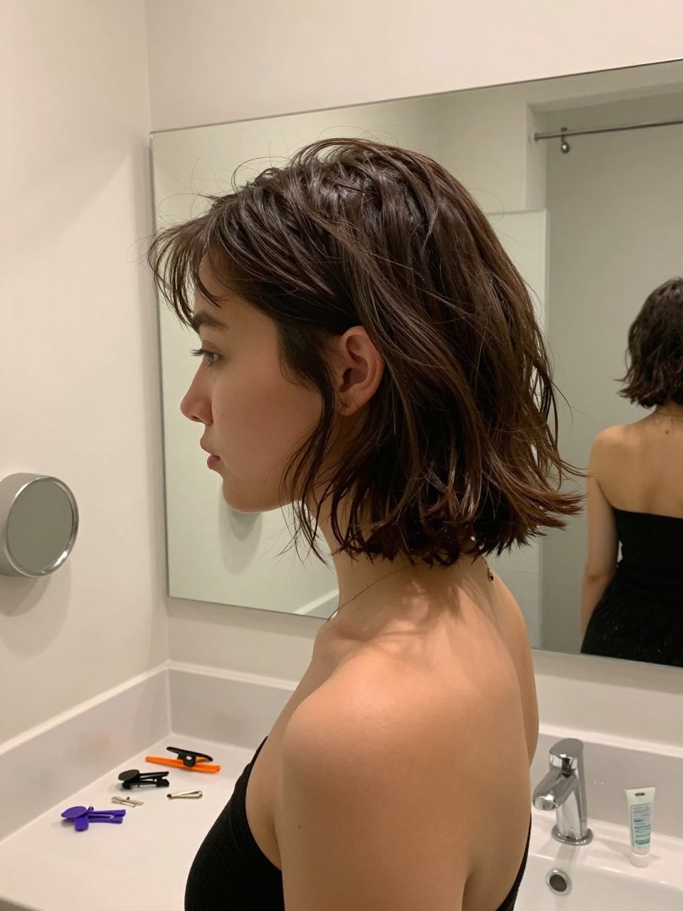 Photo of a woman wearing modern finger waves on short hair with a deep side part, side profile view, setting in a bathroom vanity mirror, lighting soft indoor lighting, containing a small lived-in detail such as duckbill clips on the counter and a small gel tube nearby, latest iPhone photo quality.