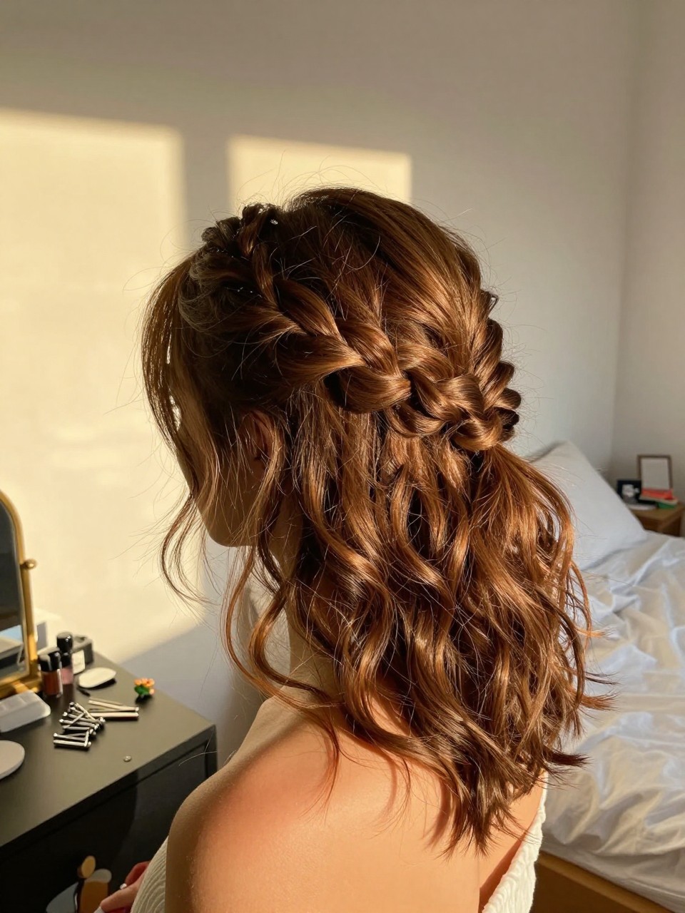 Photo of a woman wearing a half up braided crown with soft waves down, back-of-head view, setting in a sun-drenched bedroom, lighting golden hour glow, containing a small lived-in detail such as bobby pins on the vanity and a small flower pin nearby, latest iPhone photo quality.