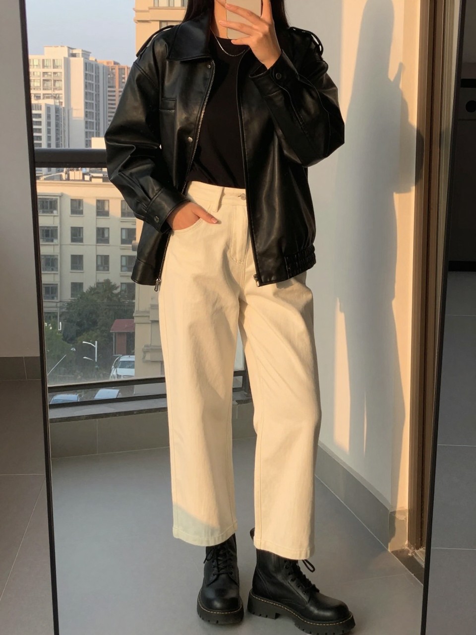 iPhone mirror selfie of a woman in a black leather jacket over a tee with soft cream wide leg pants and combat boots, one hand in jacket pocket, cropped at NECK so face doesn't show, in a city apartment, evening golden hour, iPhone photo quality.