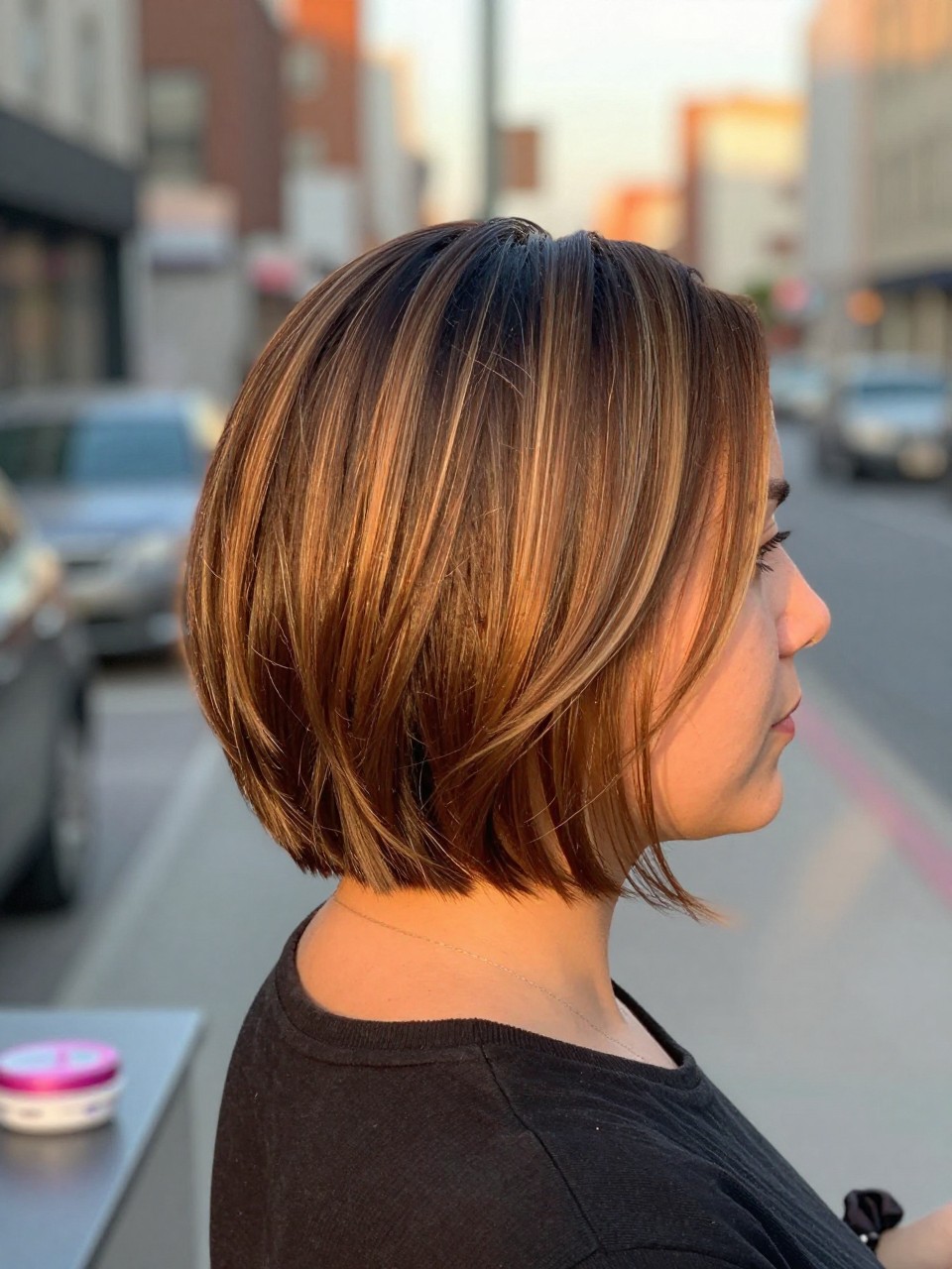 Photo of a woman wearing slicked back short hair with sleek roots and lightly textured ends, back-of-head view to show the cut and ends, setting in a softly blurred city street background, lighting golden hour glow, containing a small lived-in detail such as a small hair paste tin on a nearby surface and a scrunchie on the wrist, latest iPhone photo quality.