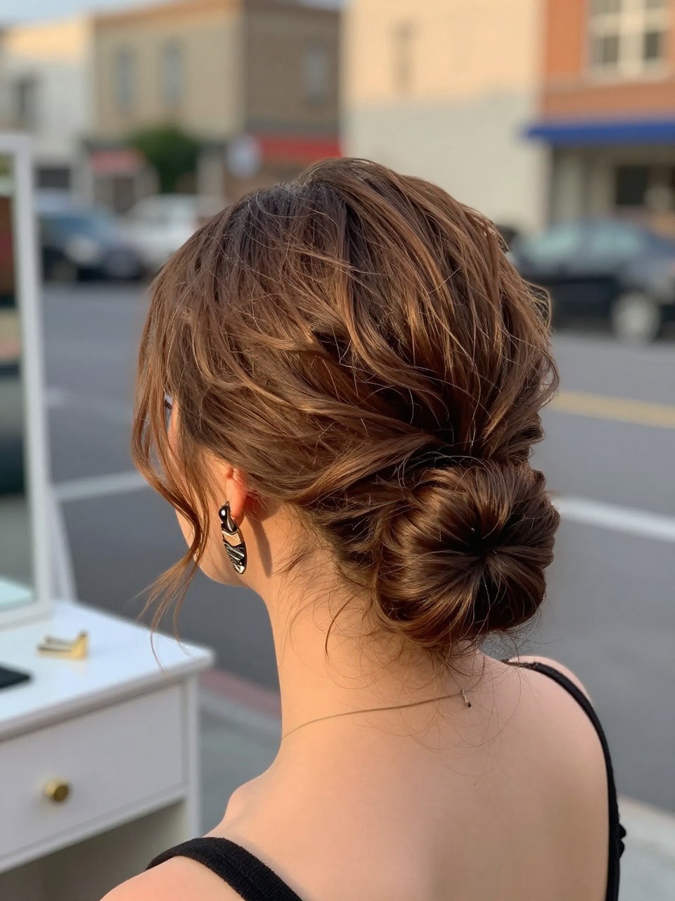Photo of a woman wearing a low rolled updo on medium-length hair, back-of-head view, setting in a softly blurred city street background, lighting golden hour glow, containing a small lived-in detail such as bobby pins on the vanity and statement earrings peeking through, latest iPhone photo quality.