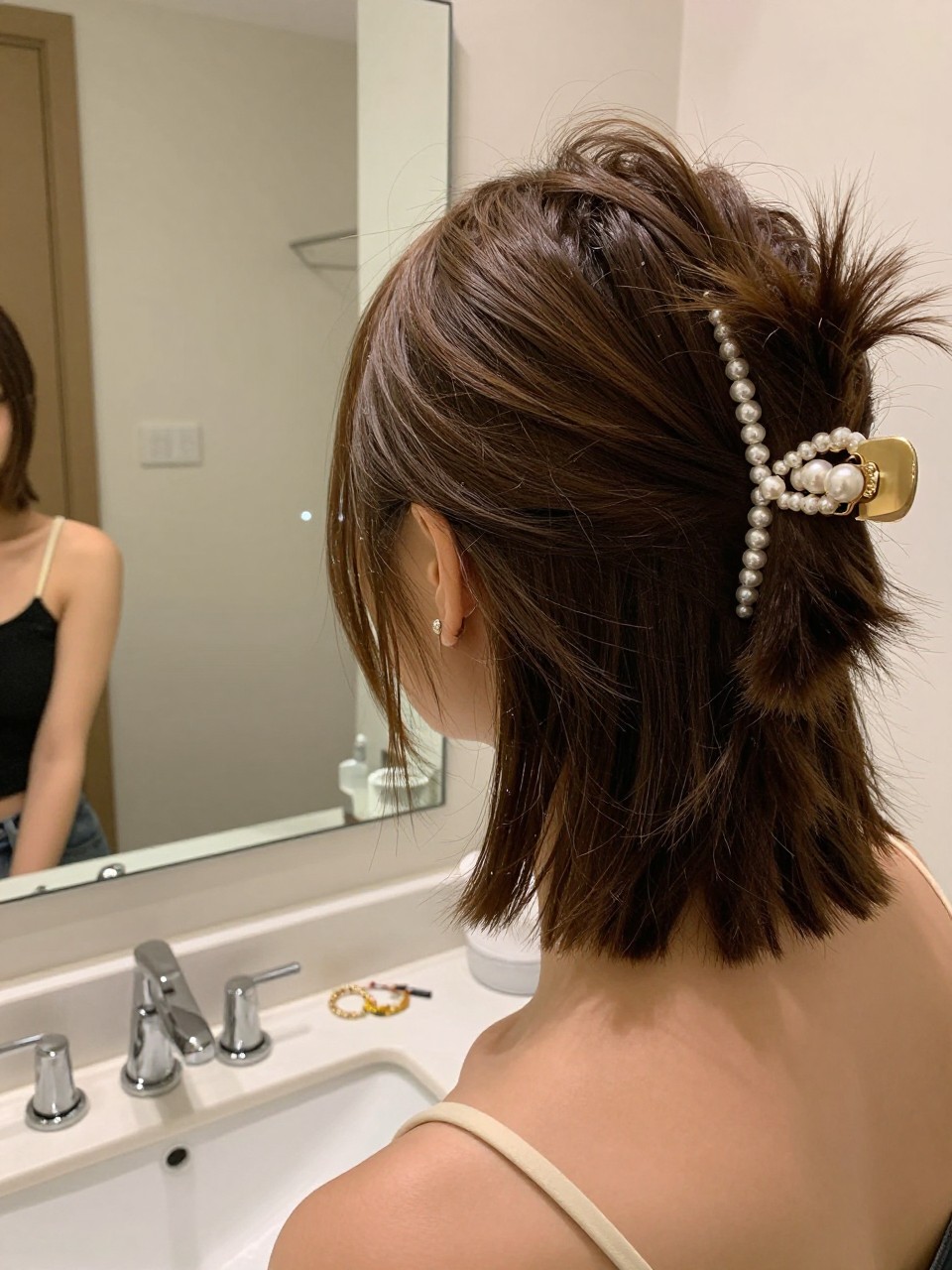 Photo of a woman wearing a half-up twist on short hair secured with a pearl clip, back-of-head view to highlight the clip, setting in a bathroom vanity mirror, lighting soft indoor lighting, containing a small lived-in detail such as a jewelry dish on the counter and bobby pins nearby, latest iPhone photo quality.