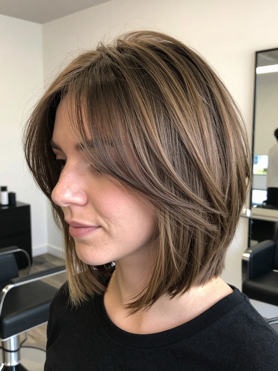 Photo of a white american woman wearing a short wolfy crop with airy crown layers and soft piecey texture around the face, with the haircut fully visible and clearly defined, shot from a three-quarter angle, in a bright salon interior, with natural window light, showing the haircut shape, layers, ends, bangs, and texture clearly, including a clipped-back section of hair, latest iPhone photo quality.
