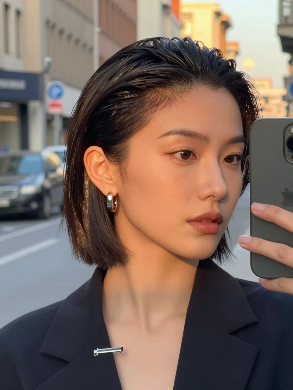 Photo of a woman wearing a glossy deep side-part slick back bob with one side tucked behind the ear, candid mirror selfie, setting in a softly blurred city street background, lighting golden hour glow, containing a small lived-in detail such as statement earrings peeking through and a hair clip clipped to the collar, latest iPhone photo quality.