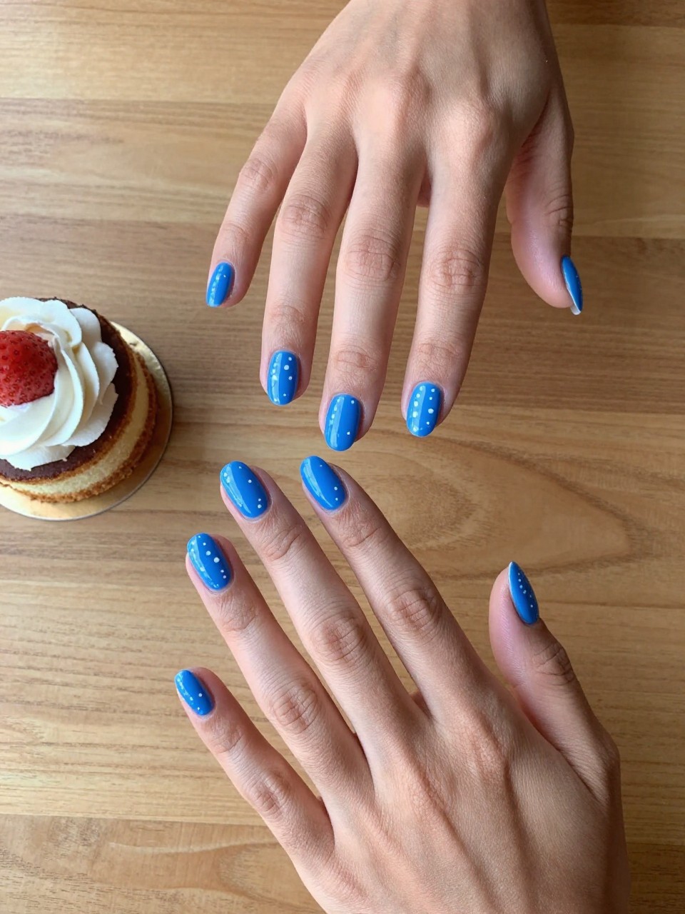 90-degree overhead top-down view of two feminine black hands with oval medium nails.
The manicure features a bright blue base with tiny white dot details scattered across each nail.
Include glossy gel finish.

Hands are posed fingers gently spread.

Scene set on a wooden table with a small birthday dessert nearby.

Bright natural daylight with soft shadows, hyper-realistic lifestyle photography, sharp focus on nails, natural skin texture, realistic hands, no extra fingers.