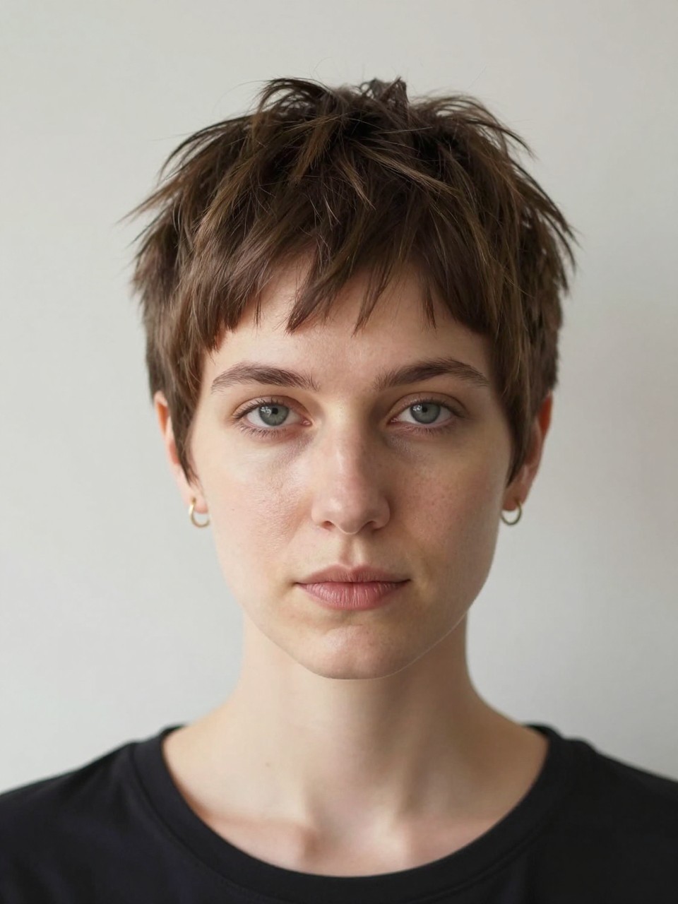 Photo of a white woman wearing an ultra short pixie with a tiny micro fringe and closely cropped sides, with the haircut fully visible and clearly defined, shot from a front portrait view, in a soft neutral studio, with soft indoor lighting, showing the haircut shape, layers, ends, bangs, and texture clearly, including simple gold earrings, latest iPhone photo quality.