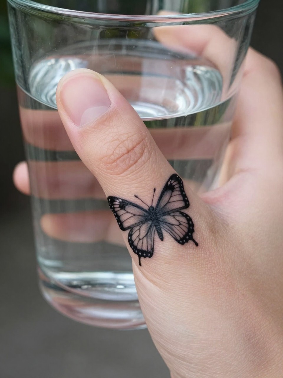 "Extreme close-up of the thumb web, featuring a butterfly tattoo with open wings tattooed in this unique space. The hand is gently holding a clear glass of water, showing off the placement. Reflective and crisp."