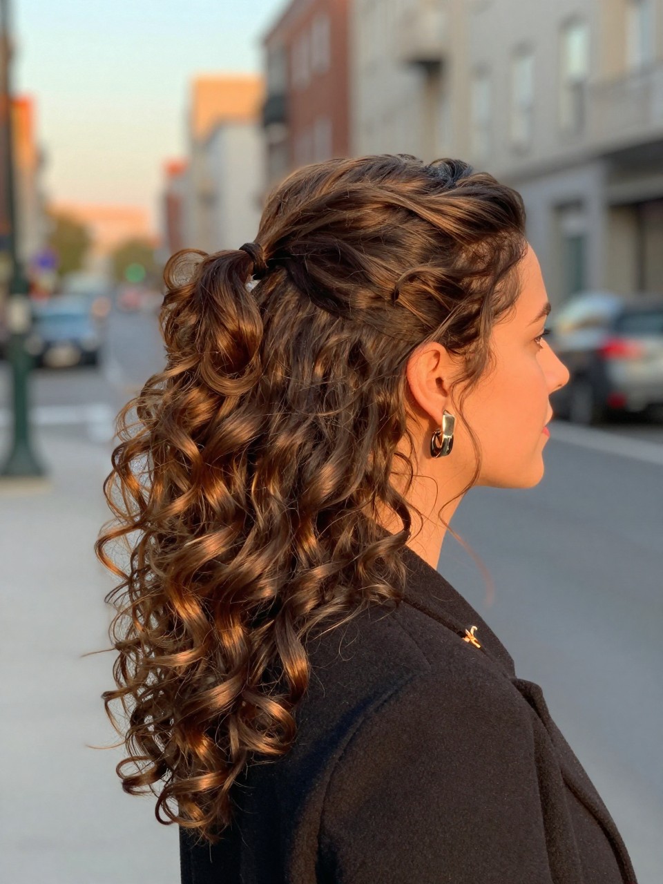 Photo of a woman wearing a romantic half up ponytail with a wrapped base and loose curls down, side profile view, setting in a softly blurred city street background, lighting golden hour glow, containing a small lived-in detail such as a hair clip clipped to the collar and statement earrings peeking through, latest iPhone photo quality.