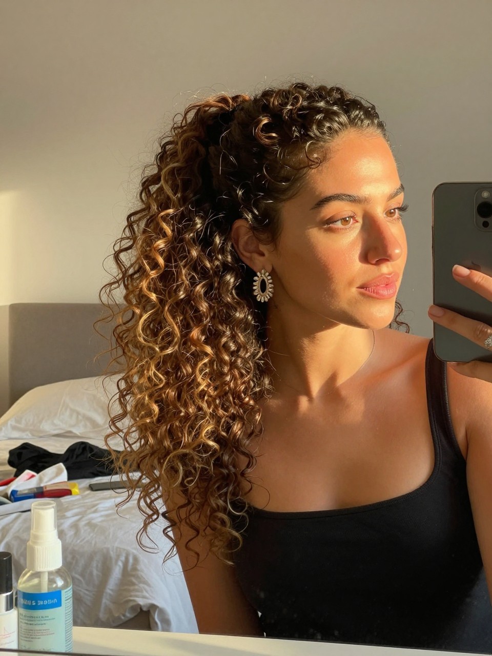 Photo of a woman wearing a curly half-up ponytail with loose tendrils and defined curls, candid mirror selfie, setting in a sun-drenched bedroom, lighting golden hour glow, containing a small lived-in detail such as a curl spray bottle on the vanity and statement earrings peeking through, latest iPhone photo quality.
