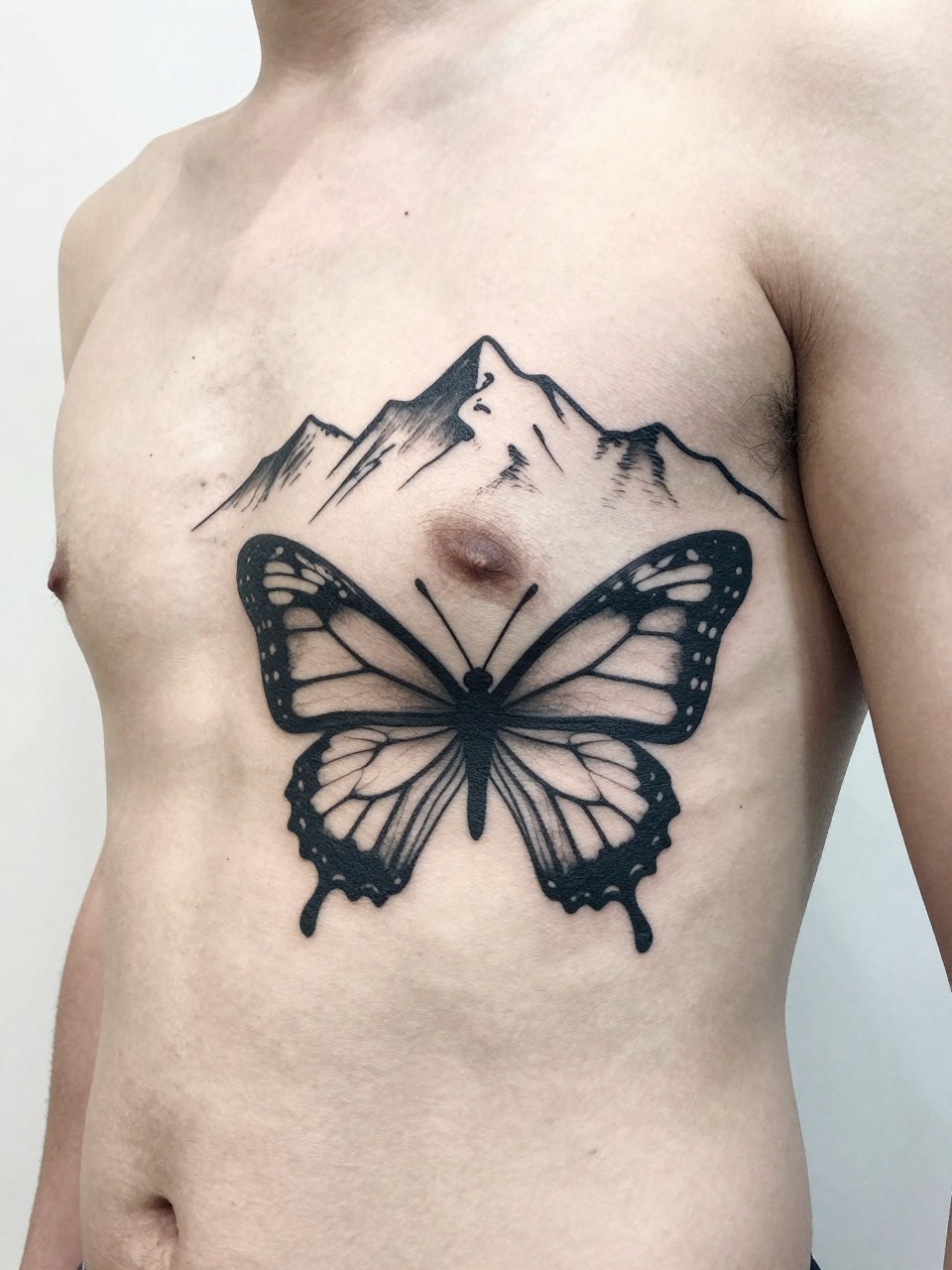 "A man's side chest/rib tattoo: a line-work mountain range that, when viewed as a whole, forms a butterfly silhouette. Clever use of positive and negative space."