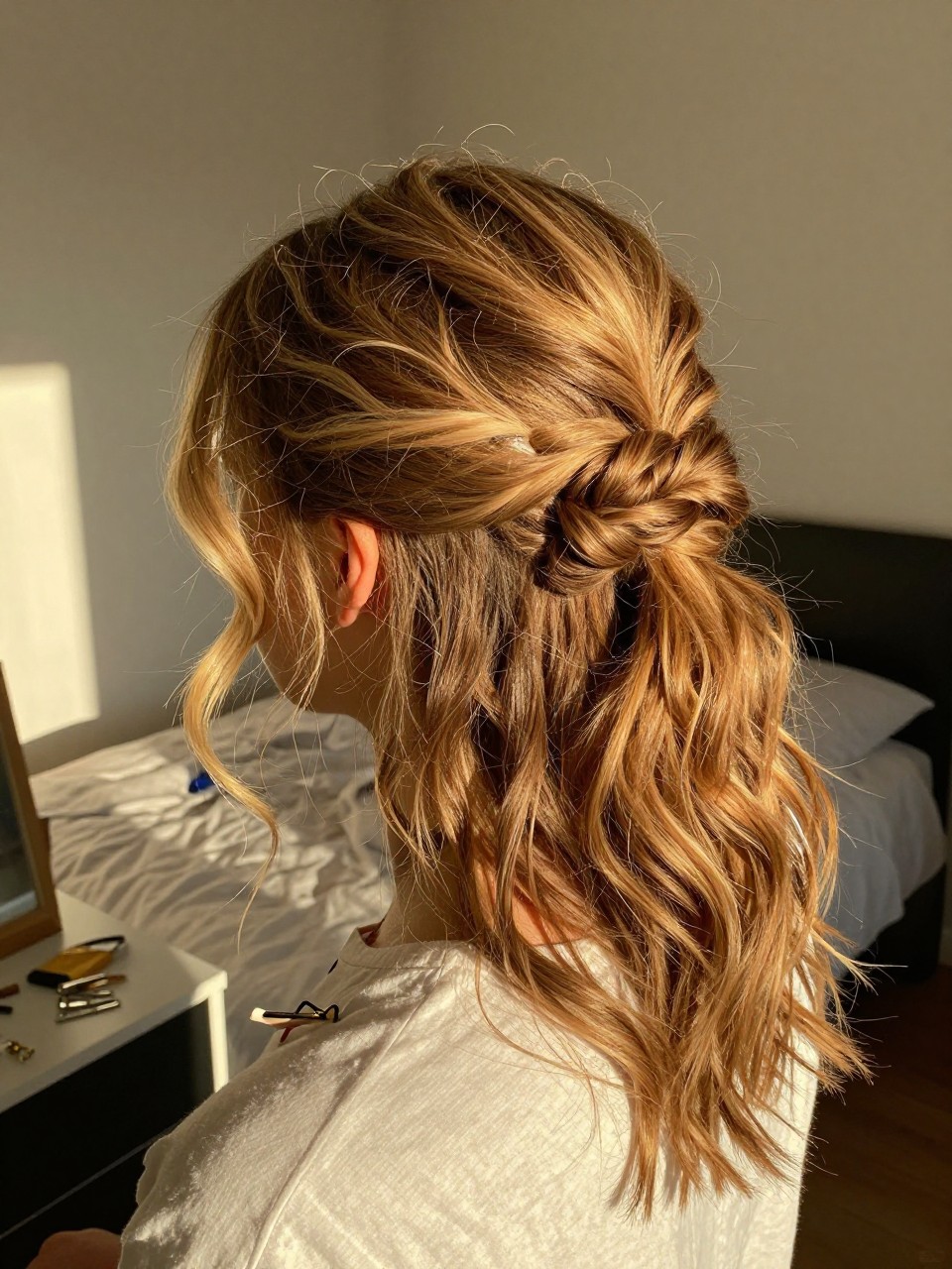 Photo of a woman wearing a half-up twisted crown with loose waves down, back-of-head view, setting in a sun-drenched bedroom, lighting golden hour glow, containing a small lived-in detail such as bobby pins on the vanity and a hair clip clipped to the collar, latest iPhone photo quality.