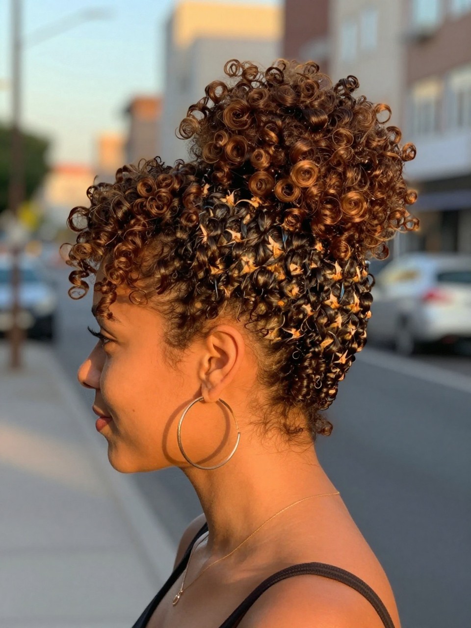Photo of a woman wearing a curly pineapple hairstyle updo, side profile view showing the rounded shape at the crown, setting is a blurred city street background with golden hour light, containing statement hoop earrings visible, latest iPhone photo quality.