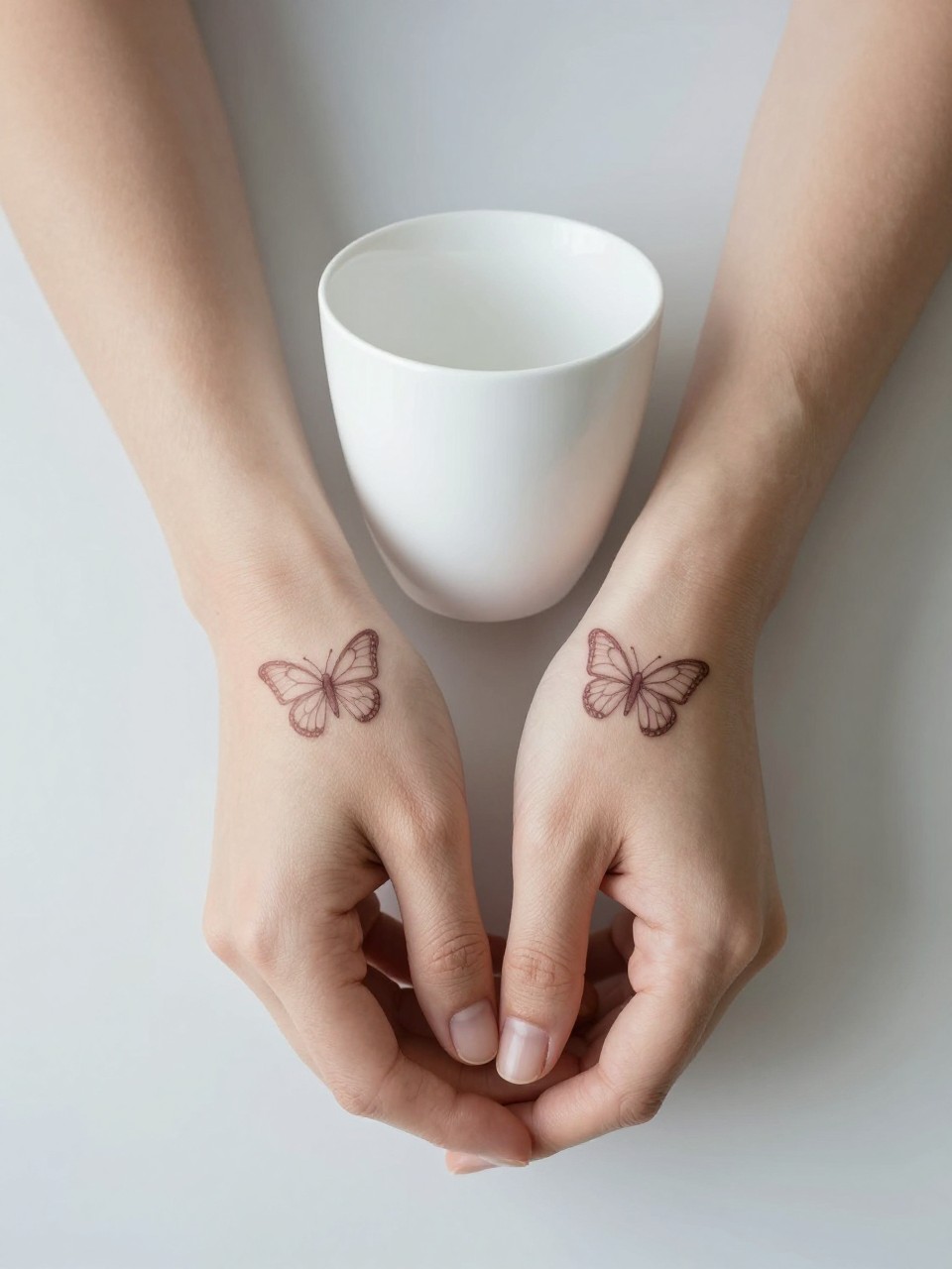 "Shot of both inner wrists together, each adorned with a matching fine-line butterfly. The hands are gently clasping a simple white ceramic cup. Focus on symmetry and calm."