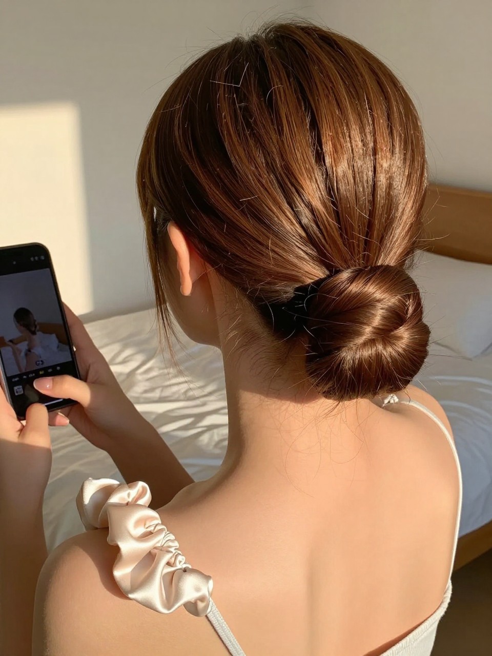 Photo of a woman wearing a slicked pony with wrapped base, back-of-head view showing the wrapped detail, setting is a sun-drenched bedroom with golden hour light, containing a silk scrunchie on her wrist, iPhone photo quality.