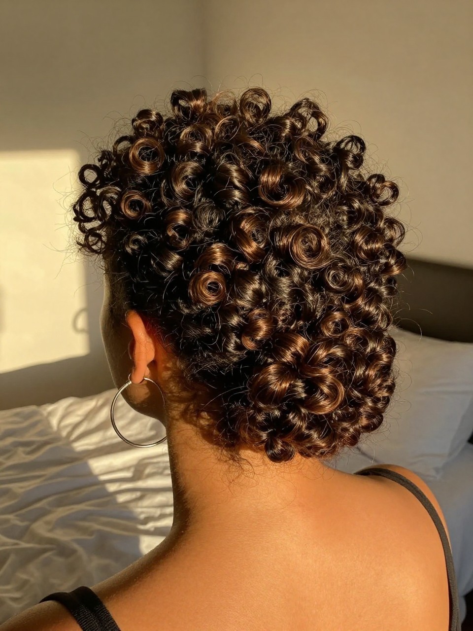 Photo of a woman wearing a Low Curly Bun with Volume, back-of-head view showing full hair, setting is a sun-drenched bedroom with golden hour light, containing a pair of hoop earrings visible, iPhone photo quality.