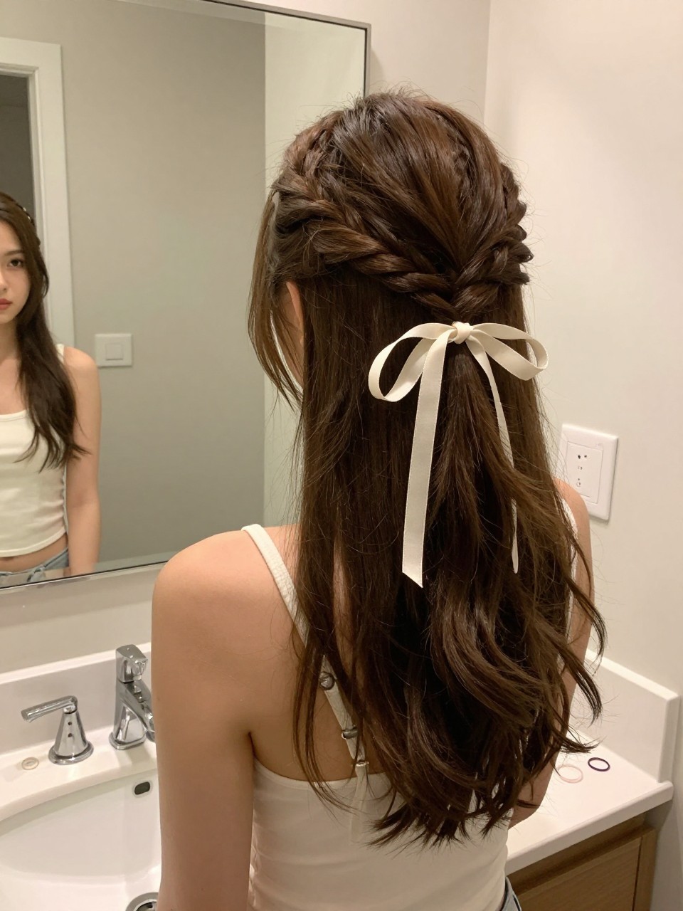 Photo of a woman wearing a braided half-up hairstyle with a ribbon tie on medium-length hair, back-of-head view, setting in a bathroom vanity mirror, lighting soft indoor lighting, containing a small lived-in detail such as a ribbon on the counter and mini elastics nearby, latest iPhone photo quality.