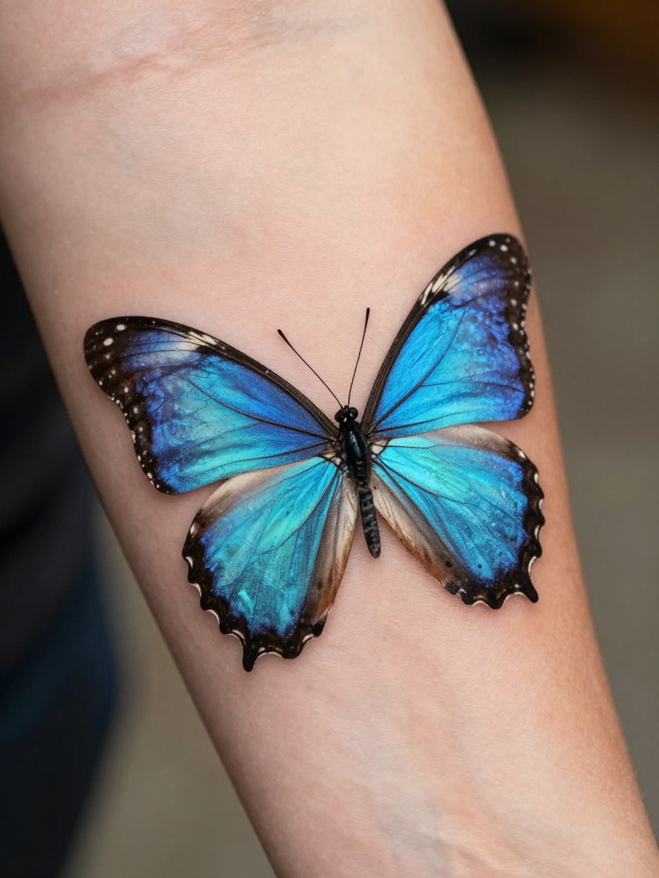 "Macro shot of a forearm with a Blue Morpho butterfly tattoo in black ink. The wings show incredible iridescent detail, as if under glass."