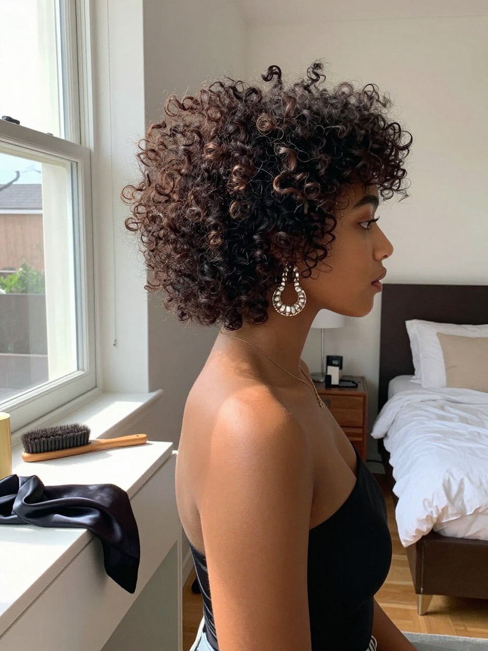 Photo of a woman wearing sleek sides with a high curly puff and statement earrings, side profile view, setting in a sun-drenched bedroom, lighting natural window light, containing a small lived-in detail such as an edge brush on the counter and a satin scarf on the vanity, latest iPhone photo quality.
