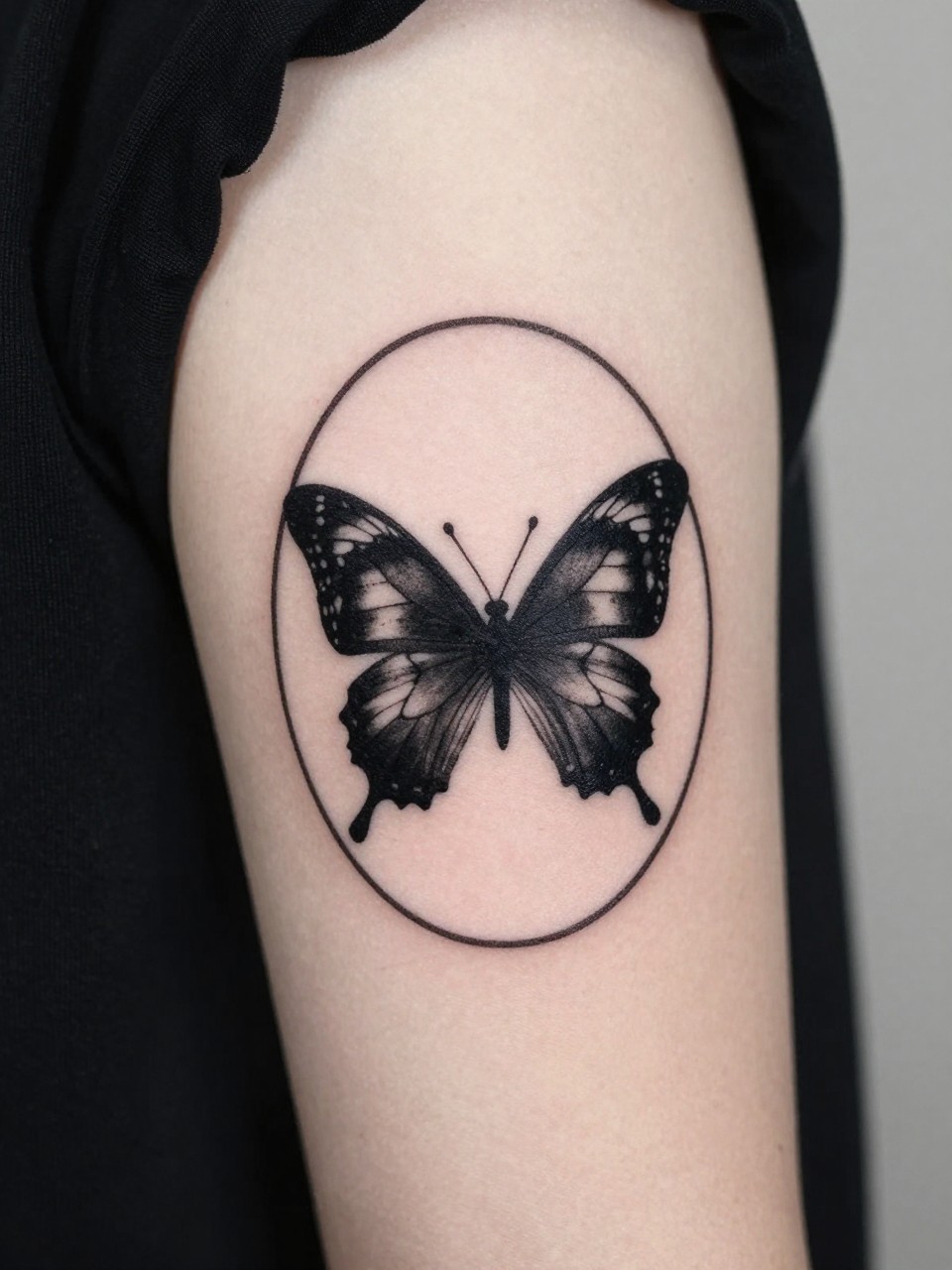 "Close-up of a solid black oval tattoo on the bicep, where the negative space inside forms a clear, recognizable butterfly silhouette. High-contrast and modern."
