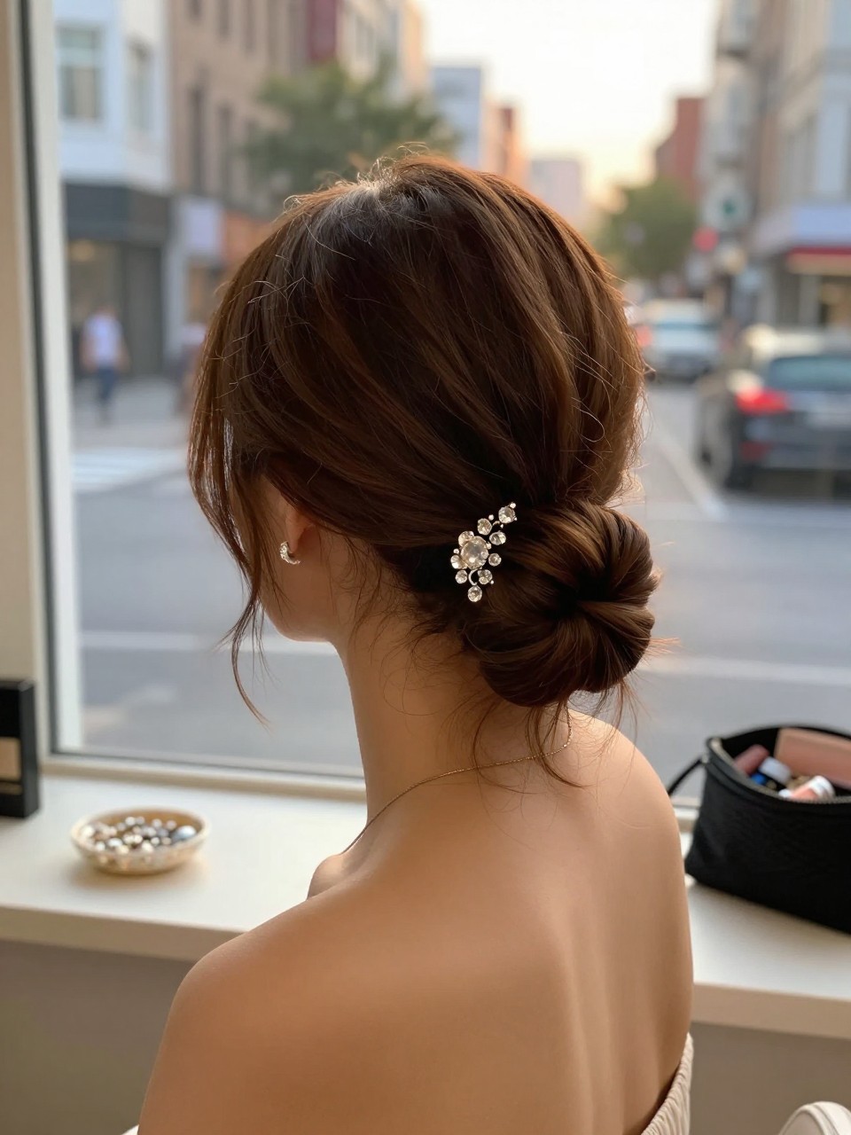 Photo of a woman wearing a low bun with a crystal clip accent, back-of-head view, setting in a softly blurred city street background, lighting golden hour glow, containing a small lived-in detail such as a small jewelry dish on the counter and a makeup bag nearby, latest iPhone photo quality.