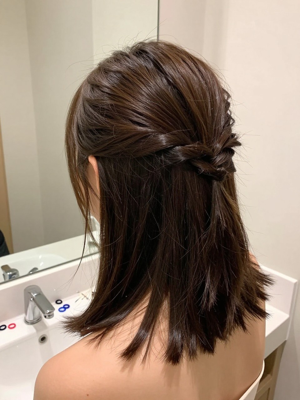 Photo of a woman wearing a sleek half-up hairstyle with a small braided crown accent pinned into the back, back-of-head view, setting in a bathroom vanity mirror, lighting soft indoor lighting, containing a small lived-in detail such as mini elastics on the counter and bobby pins nearby, latest iPhone photo quality.