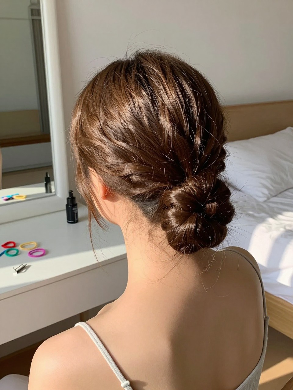 Photo of a woman wearing a low braided bun on medium-length hair, back-of-head view, setting in a sun-drenched bedroom, lighting natural window light, containing a small lived-in detail such as mini elastics on the vanity and bobby pins nearby, latest iPhone photo quality.