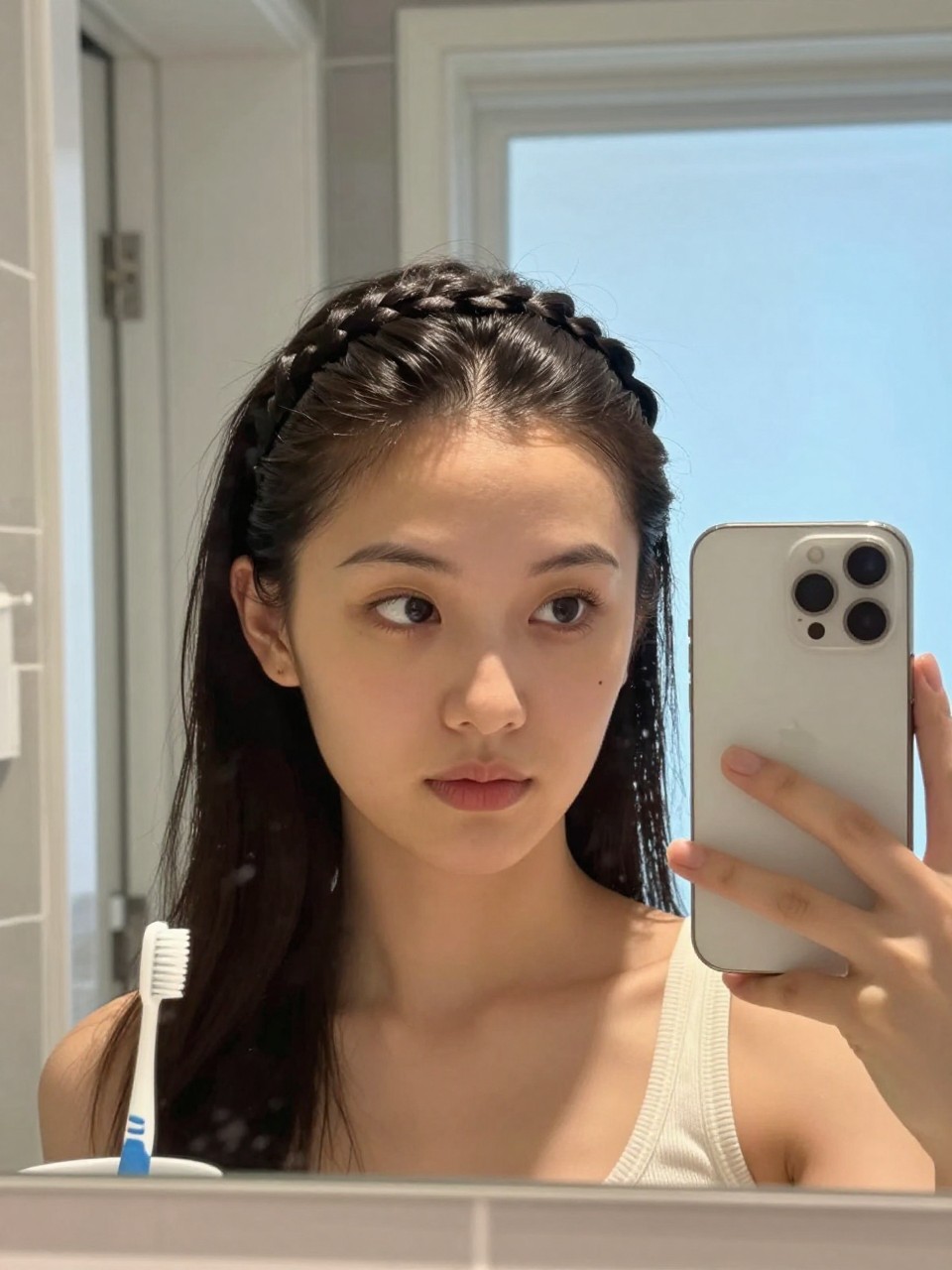 Photo of a woman wearing a small braid as a headband across her crown, front-facing view, setting is a bathroom mirror selfie, lighting is natural window light, containing a toothbrush in a holder, iPhone photo quality.