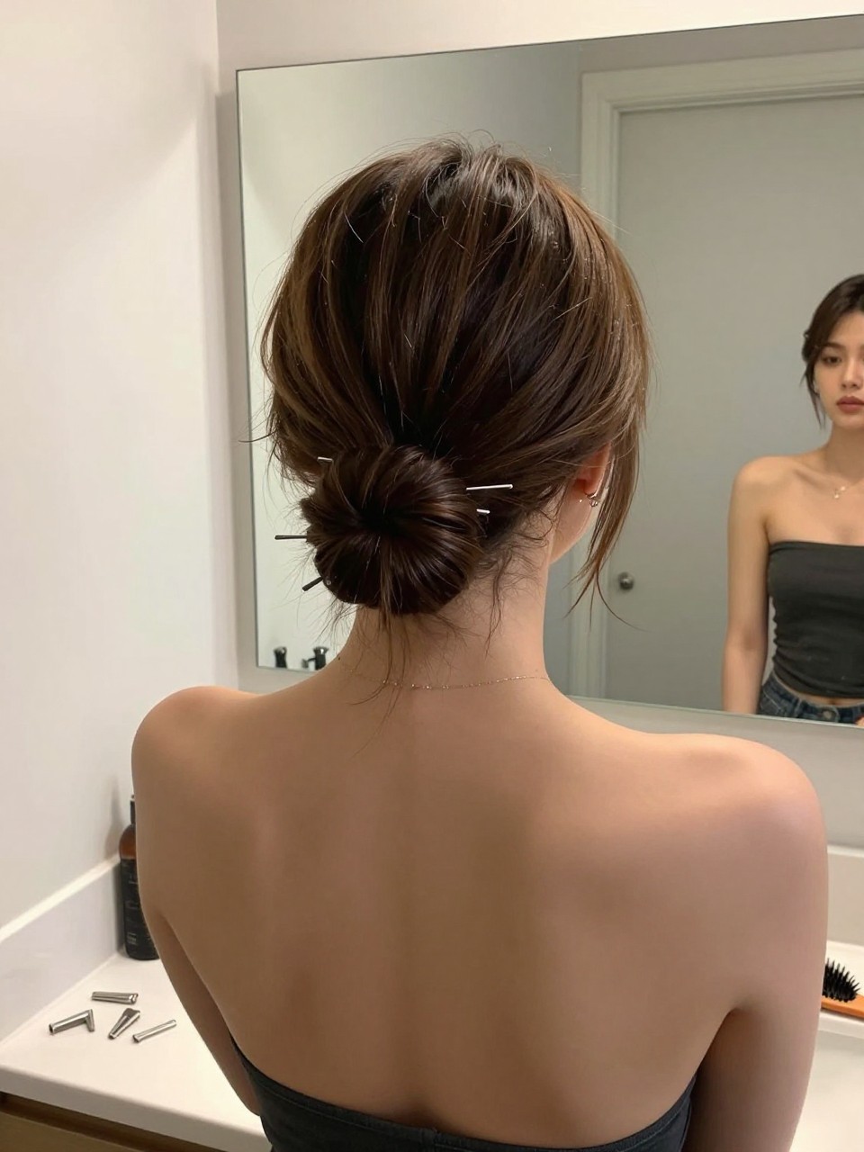 Photo of a woman wearing a low twist back hairstyle on short hair with hidden pins at the nape, back-of-head view, setting in a bathroom vanity mirror, lighting soft indoor lighting, containing a small lived-in detail such as bobby pins on the counter and a hairbrush on the vanity, latest iPhone photo quality.