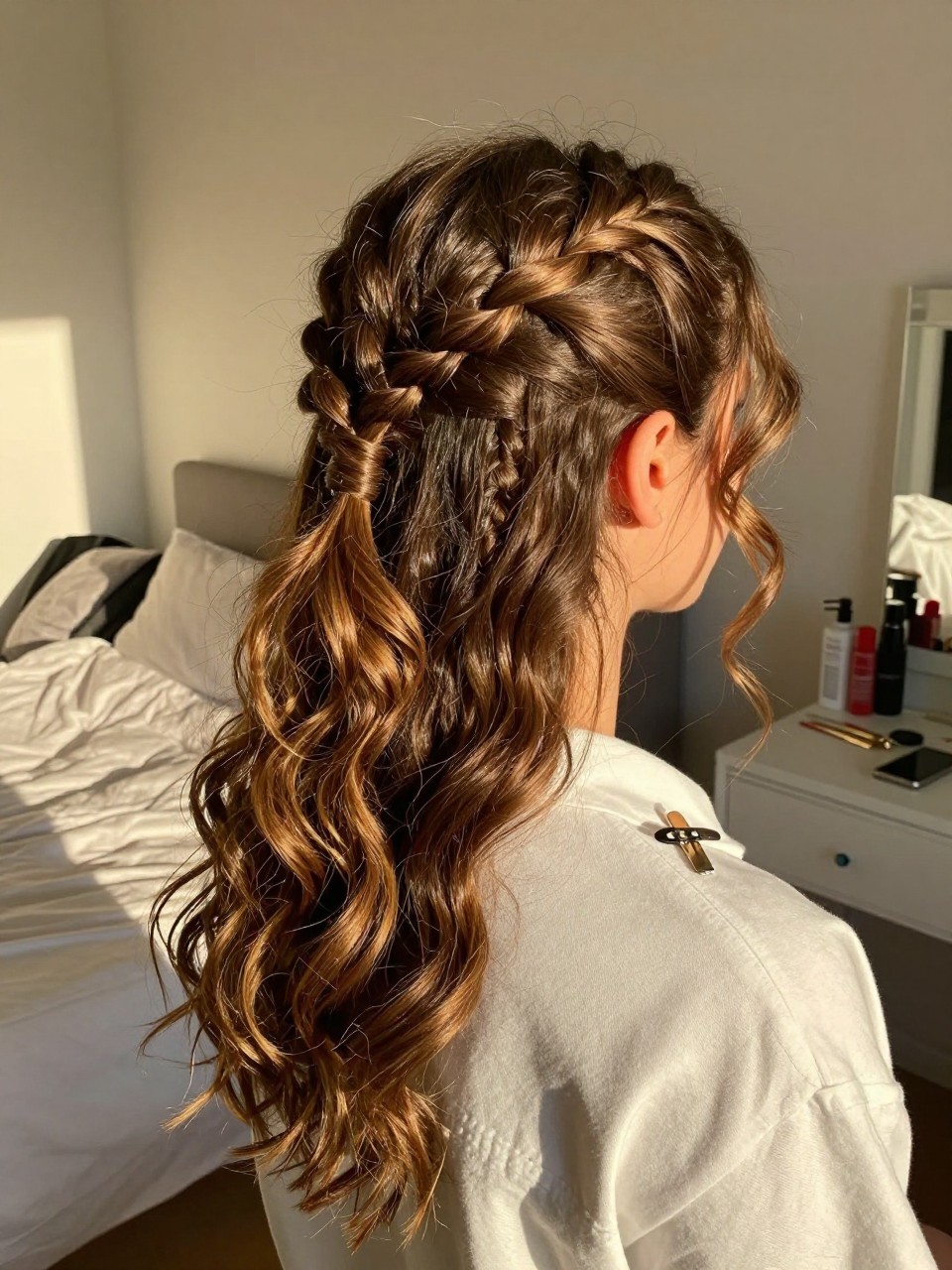 Photo of a woman wearing half up rope twists with loose waves down, back-of-head view, setting in a sun-drenched bedroom, lighting golden hour glow, containing a small lived-in detail such as a hair clip clipped to the collar and bobby pins on the vanity, latest iPhone photo quality.