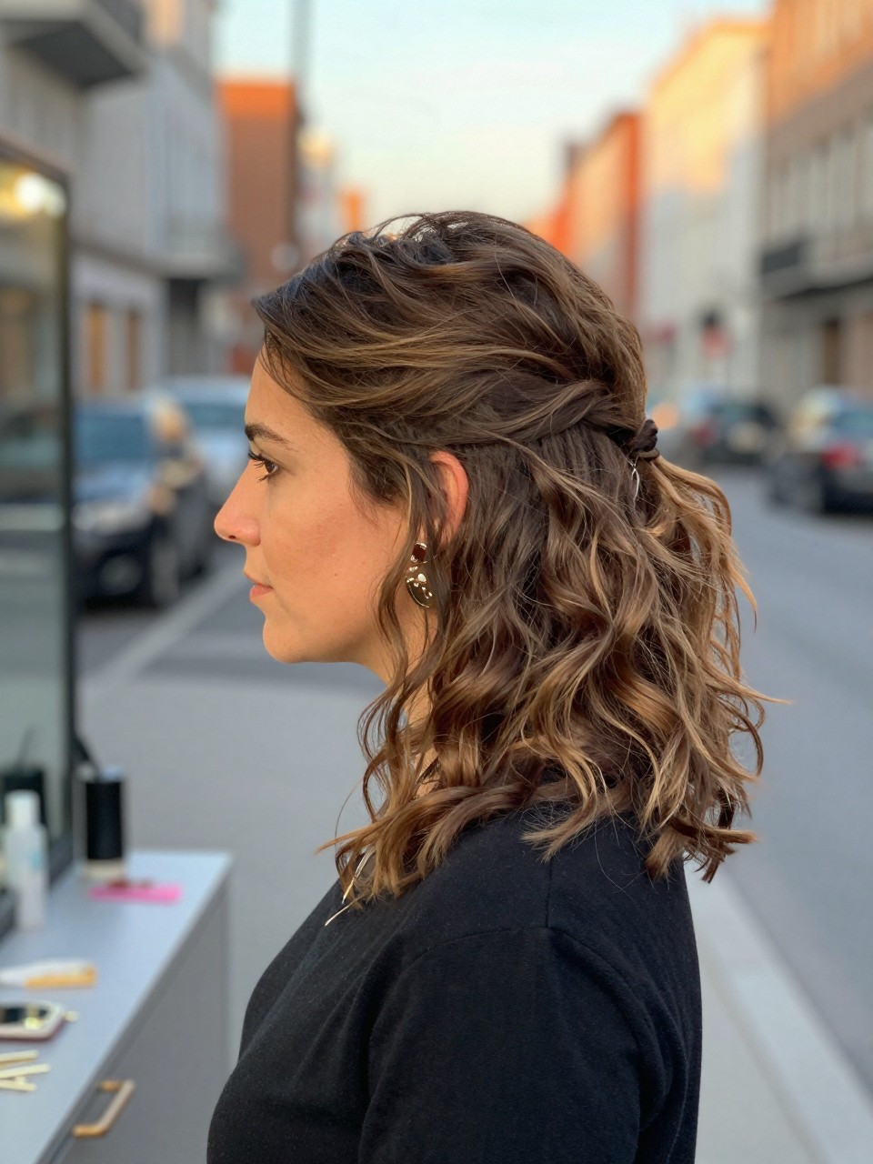 Photo of a woman wearing soft waves on medium-length hair with one side pinned back, side profile view, setting in a softly blurred city street background, lighting golden hour glow, containing a small lived-in detail such as bobby pins on the vanity and statement earrings peeking through, latest iPhone photo quality.