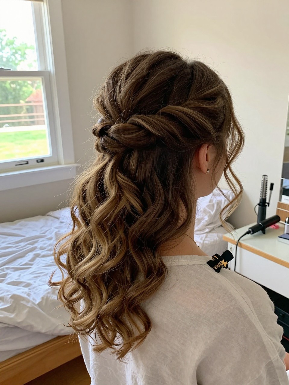 Photo of a woman wearing a soft twisted crown half up half down hairstyle with loose curls, back-of-head view to highlight twist detail, setting in a sun-drenched bedroom, lighting natural window light, containing a small lived-in detail such as a hair clip clipped to the collar and a curling iron on the counter, latest iPhone photo quality.