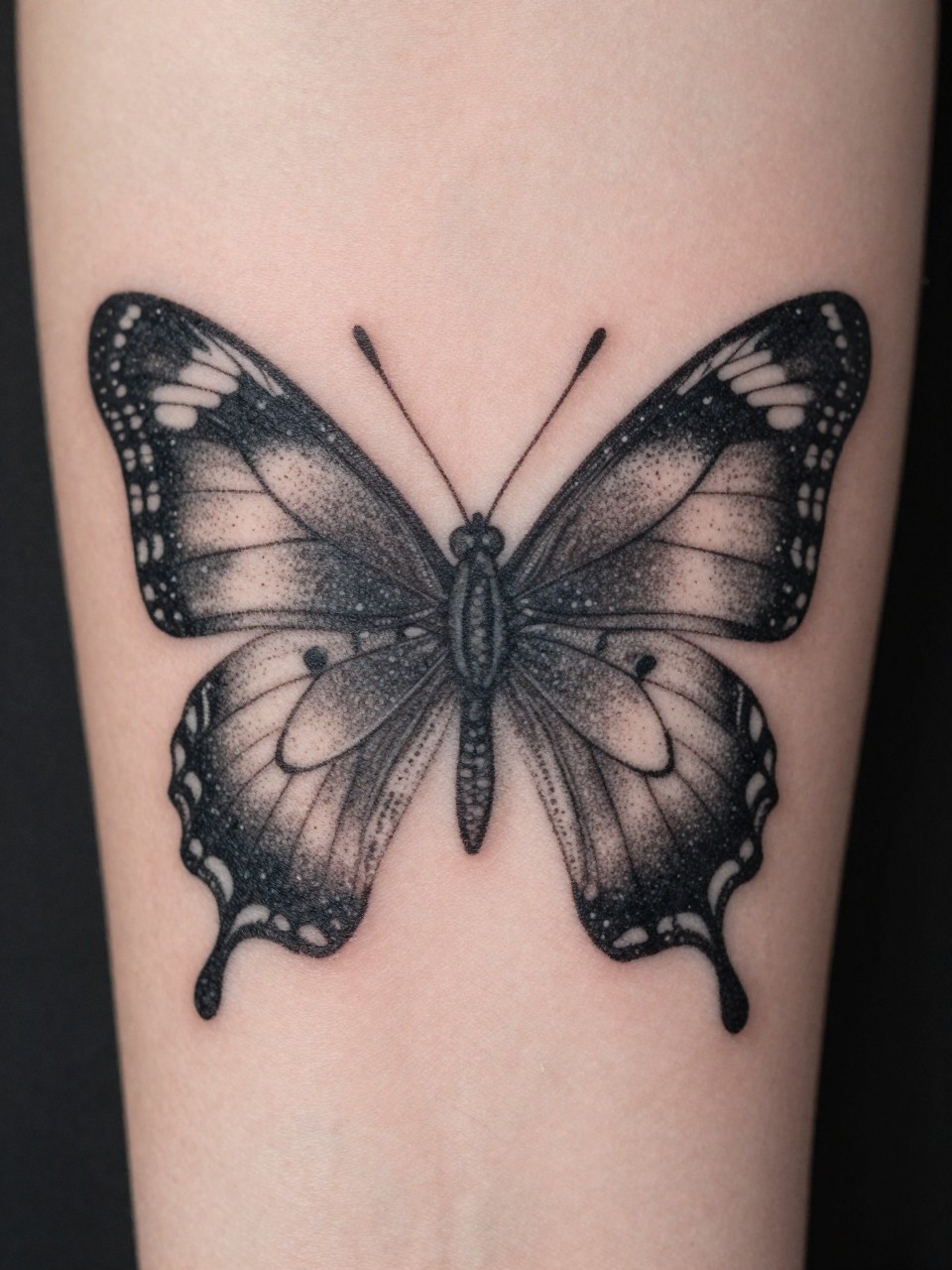 "Extreme macro close-up of a butterfly tattoo on the forearm, created solely with stippling. The dots create incredible depth and soft gradients. Focus on the texture and technique."