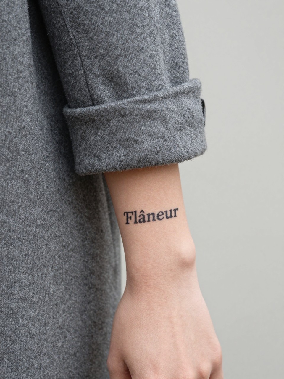 "Close-up of 'Flâneur' in typewriter-style font on the forearm. The sleeve of a tailored wool coat is pushed back slightly. The aesthetic is observational and classic."