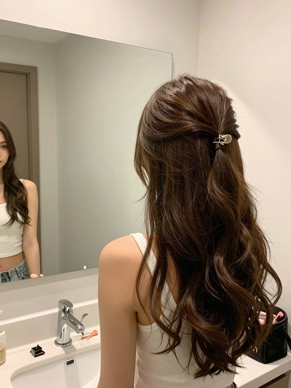 Photo of a woman wearing half up hair secured with a low barrette and loose waves down, back-of-head view, setting in a bathroom vanity mirror, lighting soft indoor lighting, containing a small lived-in detail such as a barrette on the counter and a makeup bag nearby, latest iPhone photo quality.