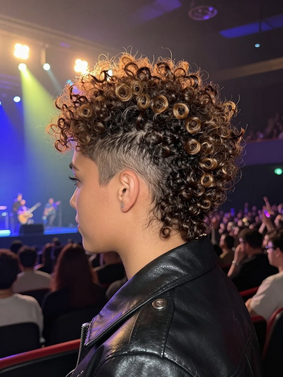 Photo of a woman wearing a curly faux hawk with pinned sides, back-of-head view, setting is a concert venue, lighting is colorful stage lights, containing a leather jacket, iPhone photo quality.