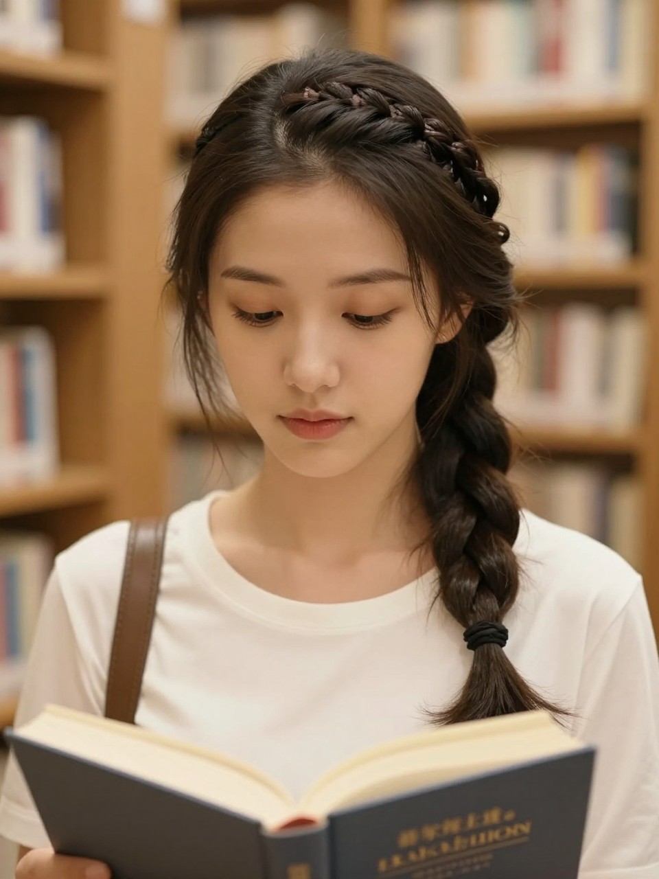 Photo of a woman wearing a lace braid along her hairline, front-facing view, setting is a library, lighting is soft warm light, containing a book in her hands, iPhone photo quality.