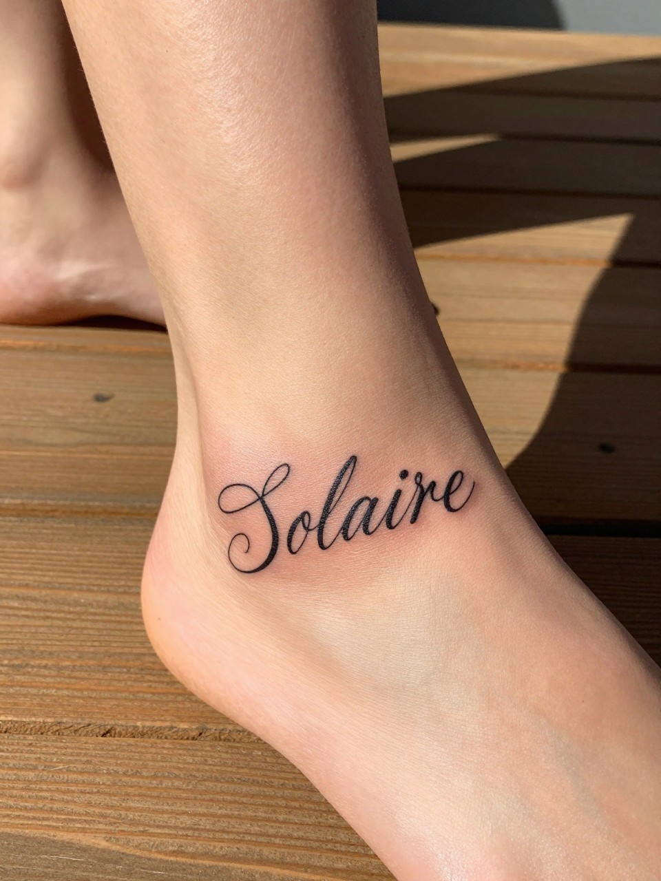 "Detailed view of 'Solaire' tattooed in sunny, flowing script on the ankle. The foot is bare on warm, sun-drenched wooden decking. The light catches the ink brightly."