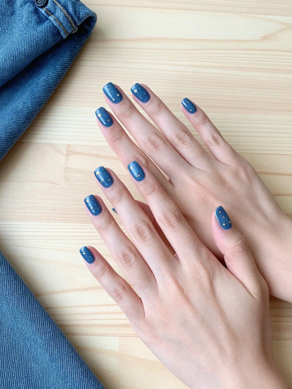 90-degree overhead top-down view of two feminine hands with rounded square medium nails.
The manicure features a denim blue base with tiny metallic silver star details across the nails.
Include glossy gel finish.

Hands are posed one hand placed over the other.

Scene set on a light wooden table with a folded denim jacket nearby.

Bright natural daylight with soft shadows, hyper-realistic lifestyle photography, sharp focus on nails, natural skin texture, realistic hands, no extra fingers.
