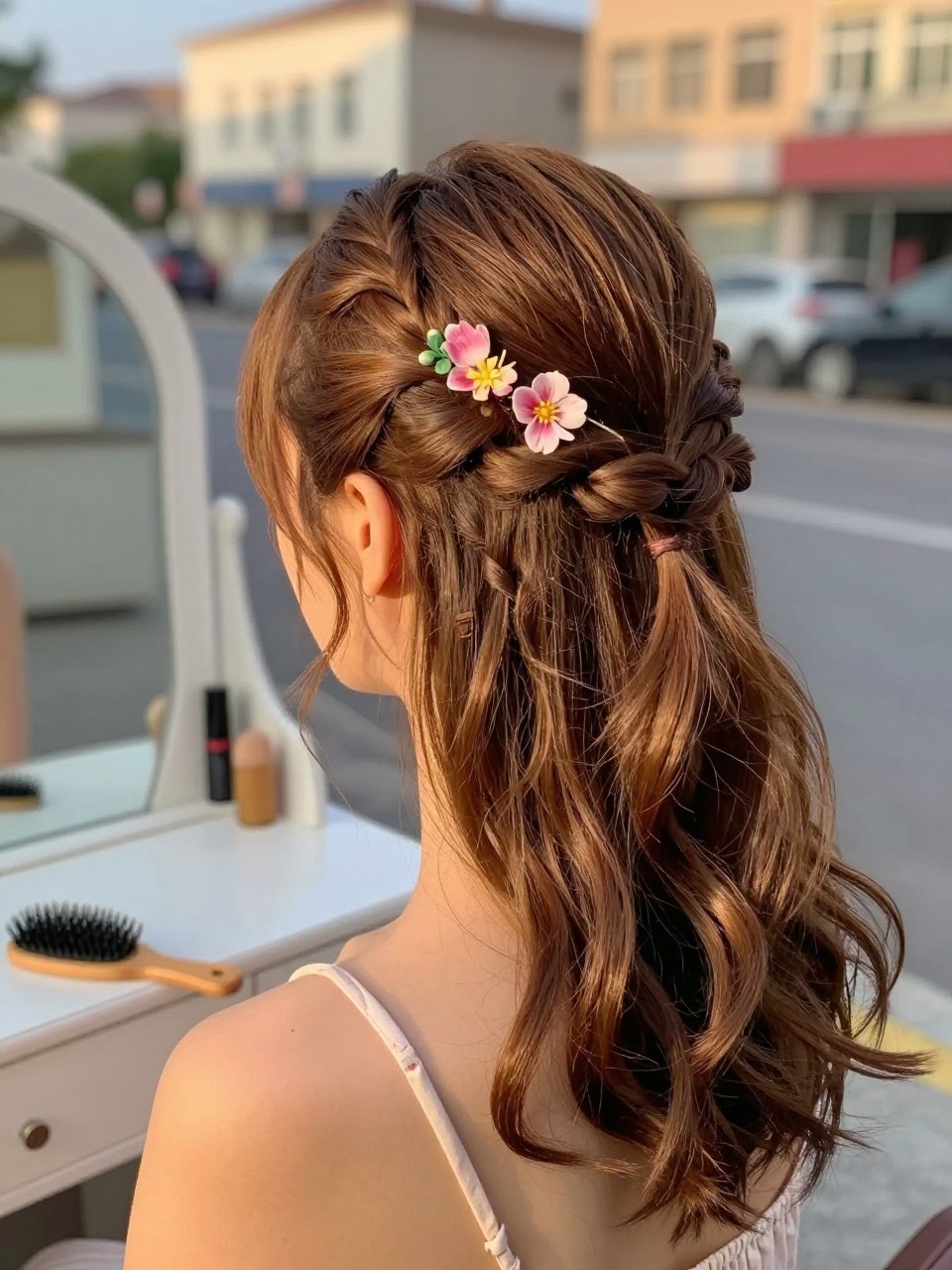 Photo of a woman wearing half up half down hair with twisted sides and a floral comb accessory, back-of-head view, setting in a softly blurred city street background, lighting golden hour glow, containing a small lived-in detail such as a small flower comb on the vanity and a hairbrush nearby, latest iPhone photo quality.