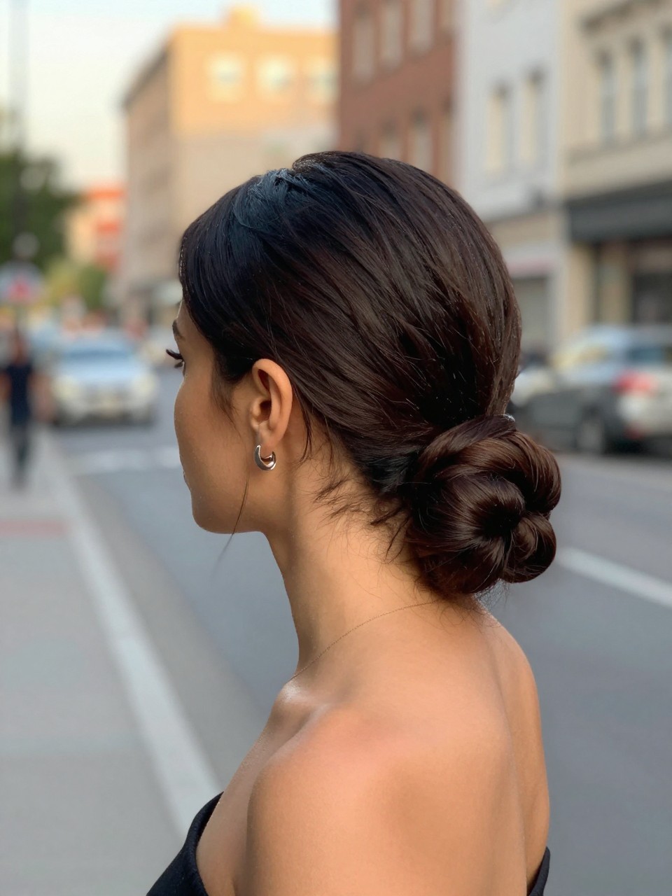 Photo of a woman wearing a sleek low ponytail with a wrapped base, side profile view, setting in a softly blurred city street background, lighting golden hour glow, containing a small lived-in detail such as statement earrings peeking through, latest iPhone photo quality.