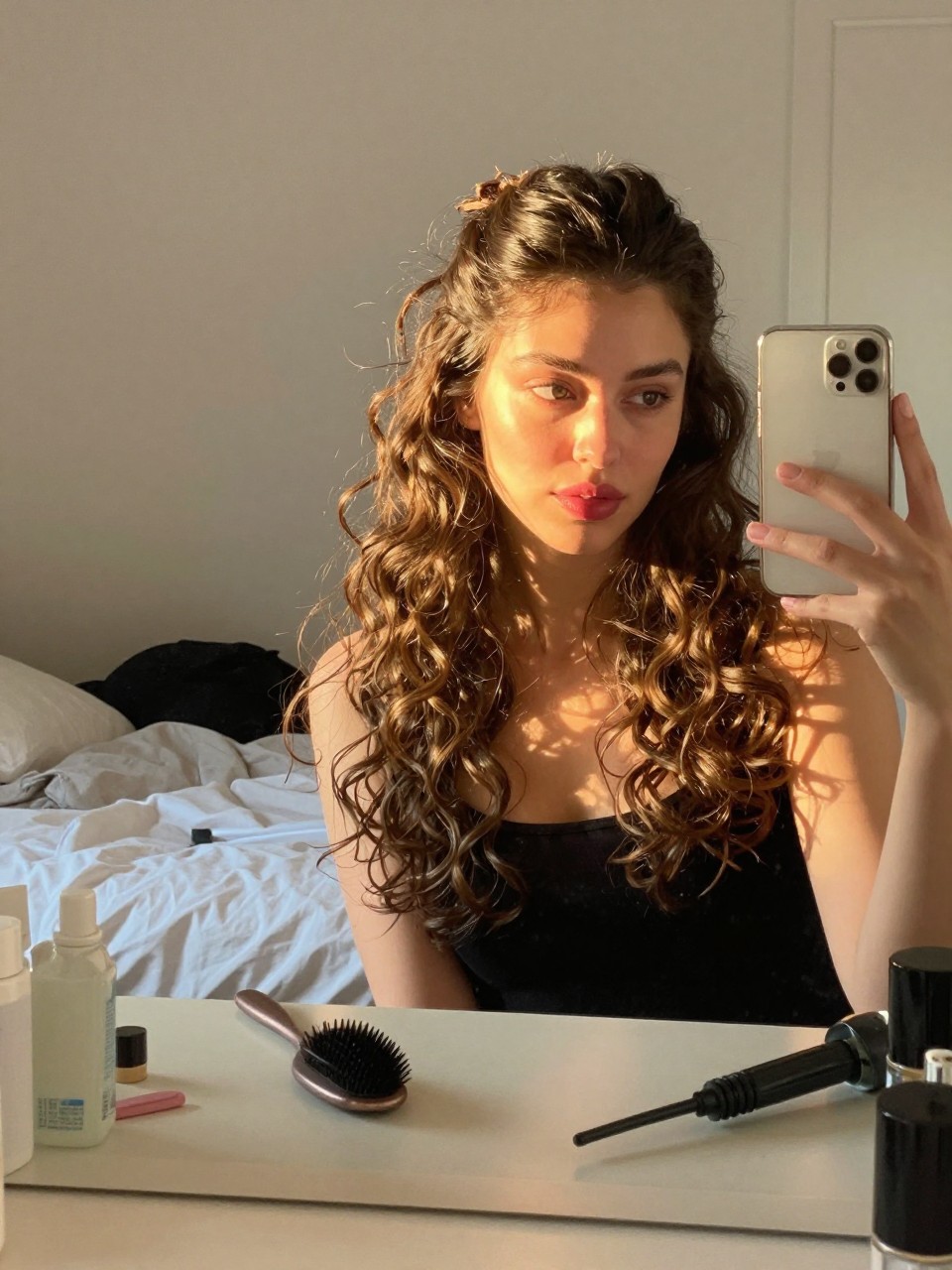 Photo of a woman wearing a half-up hairstyle with a lifted crown and big curls down, candid mirror selfie, setting in a sun-drenched bedroom, lighting golden hour glow, containing a small lived-in detail such as a teasing comb on the vanity and a curling iron on the counter, latest iPhone photo quality.