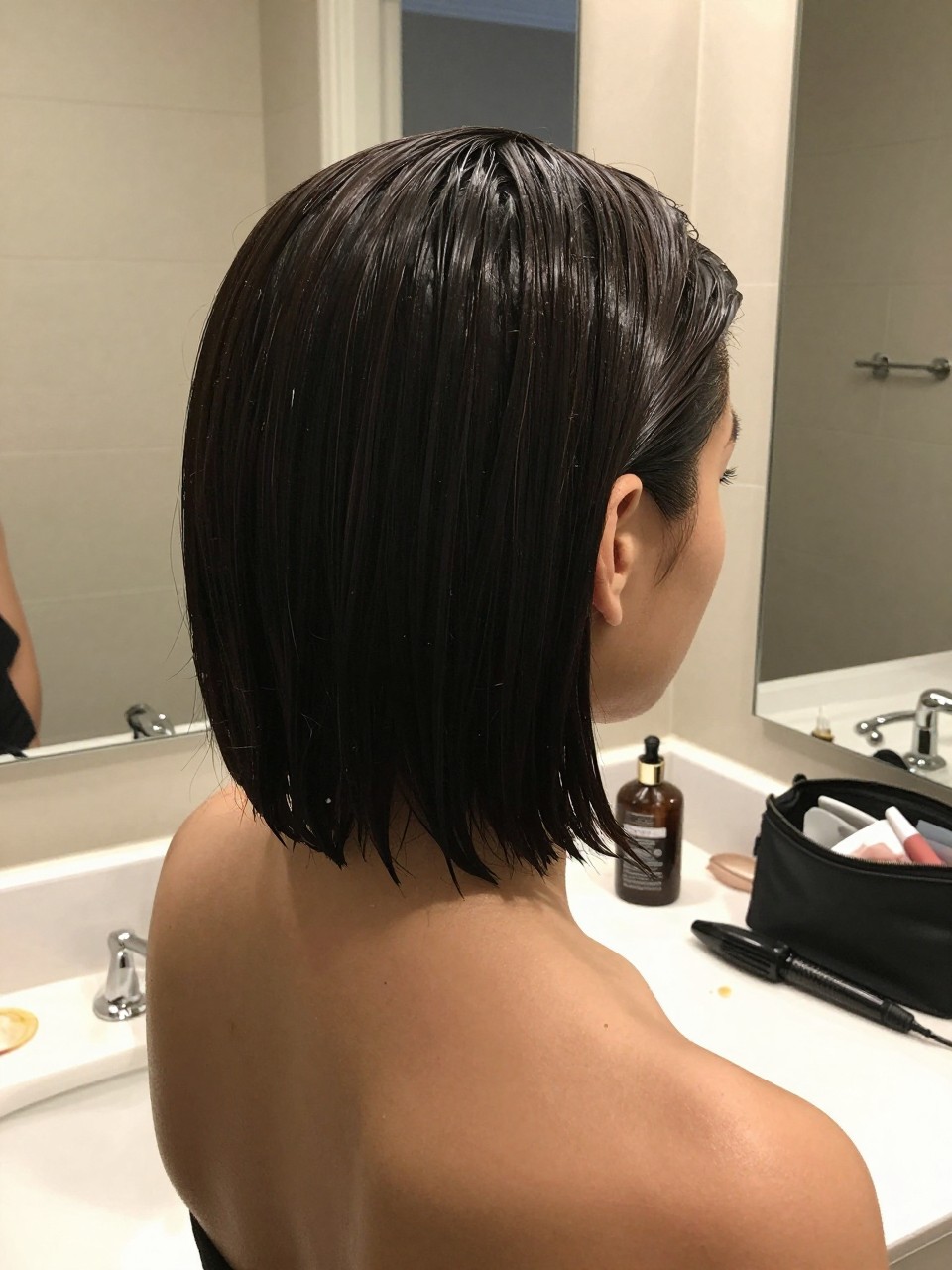 Photo of a woman wearing a wet-look slick back micro bob combed straight back, back-of-head view to show the smooth surface and shape, setting in a bathroom vanity mirror, lighting soft indoor lighting, containing a small lived-in detail such as a curling iron on the counter and a makeup bag nearby, latest iPhone photo quality.
